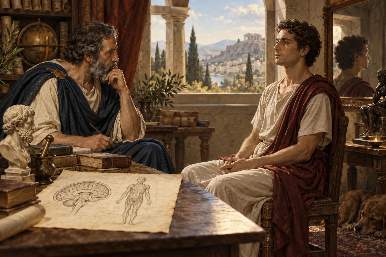 An ancient physician-philosopher studies a living person beside anatomical drawings of the brain and human body.