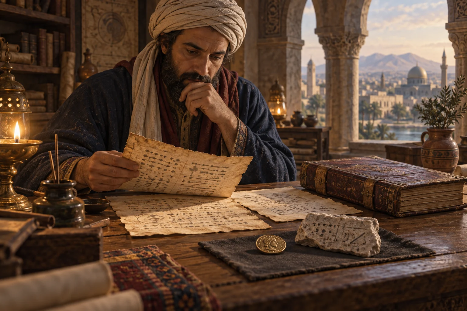 An early medieval scholar compares parchment folios, a coin, and an inscription fragment in a Near Eastern study.