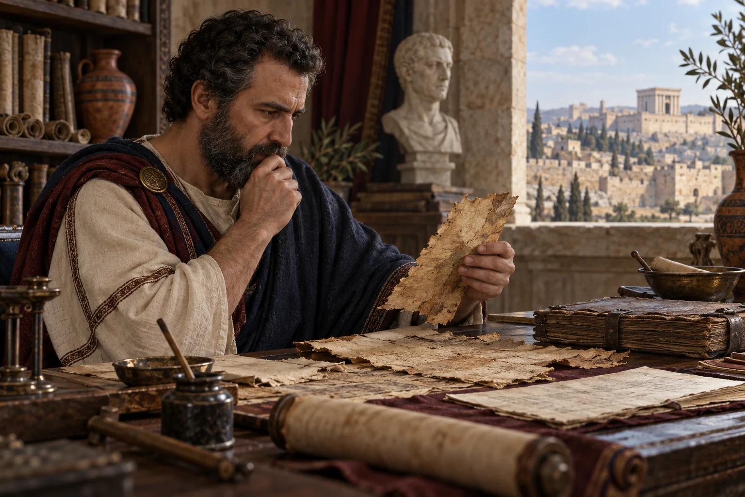 A first-century Jewish historian examines ancient manuscript fragments in a Roman-period study overlooking Jerusalem.