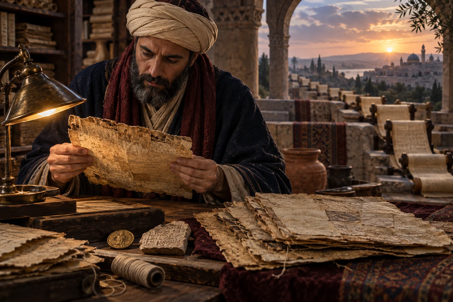 A manuscript scholar examines a weathered parchment beside a coin, inscription fragment, binding thread, and layered folios.