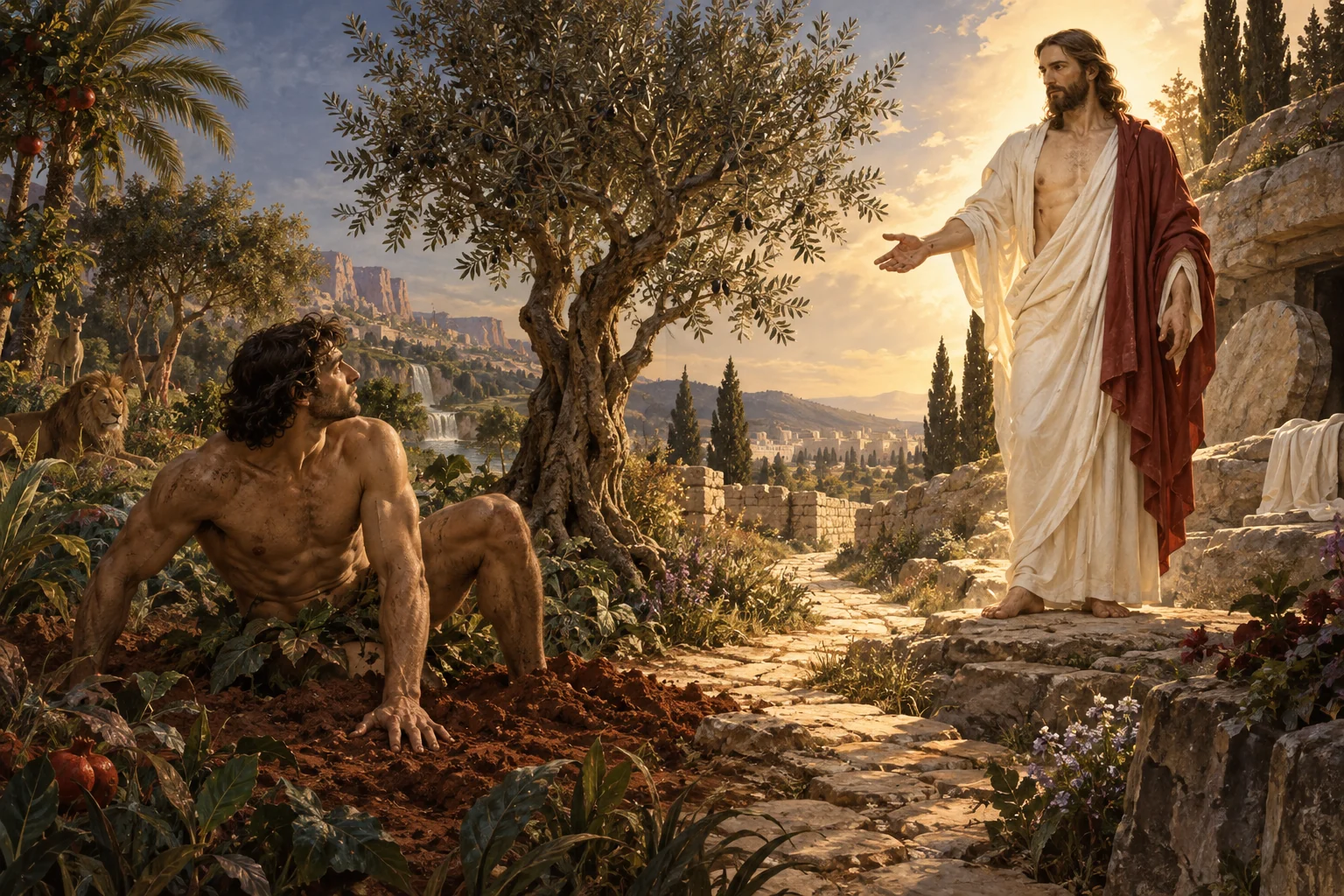 Adam rises from cultivated earth across an olive tree and garden path from the embodied risen Christ.