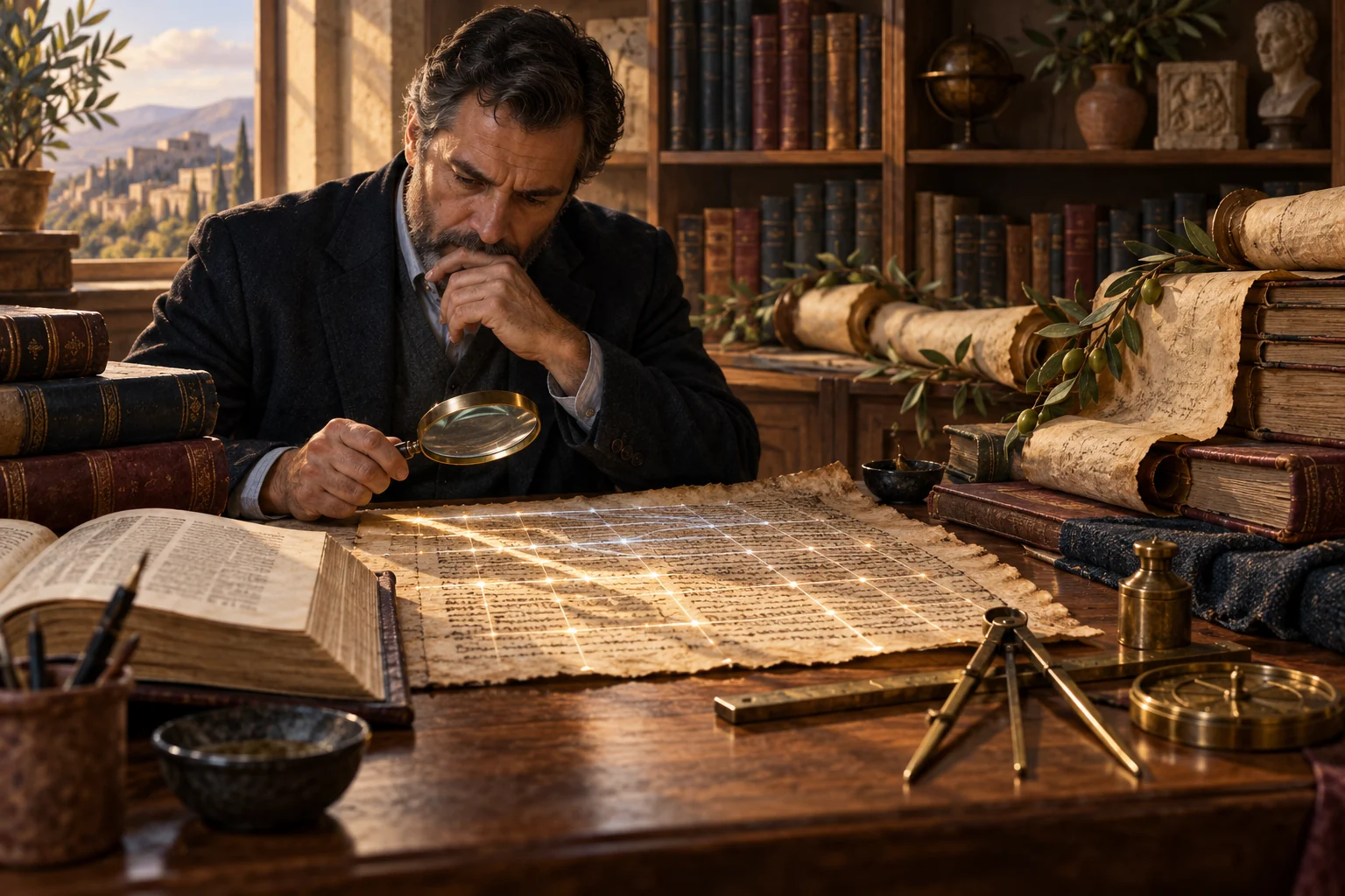 A biblical scholar studies an ancient manuscript with a magnifying lens, precision instruments, books, and olive branches.