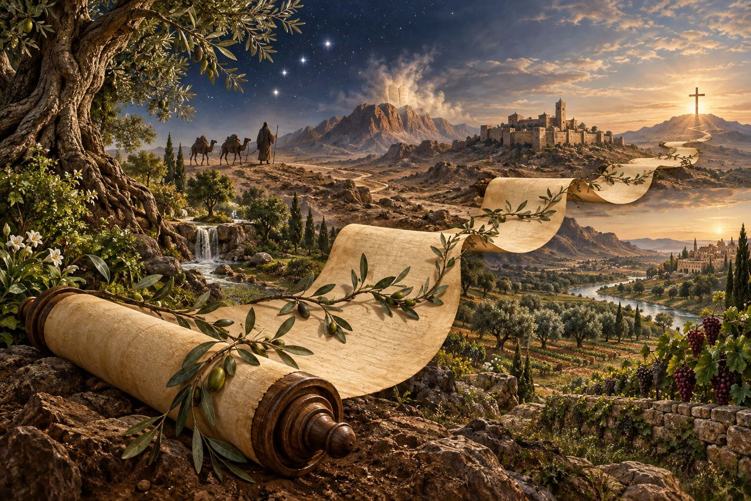 A parchment scroll and living olive vine link a garden, Sinai, a royal city, and a cross across an ancient landscape.