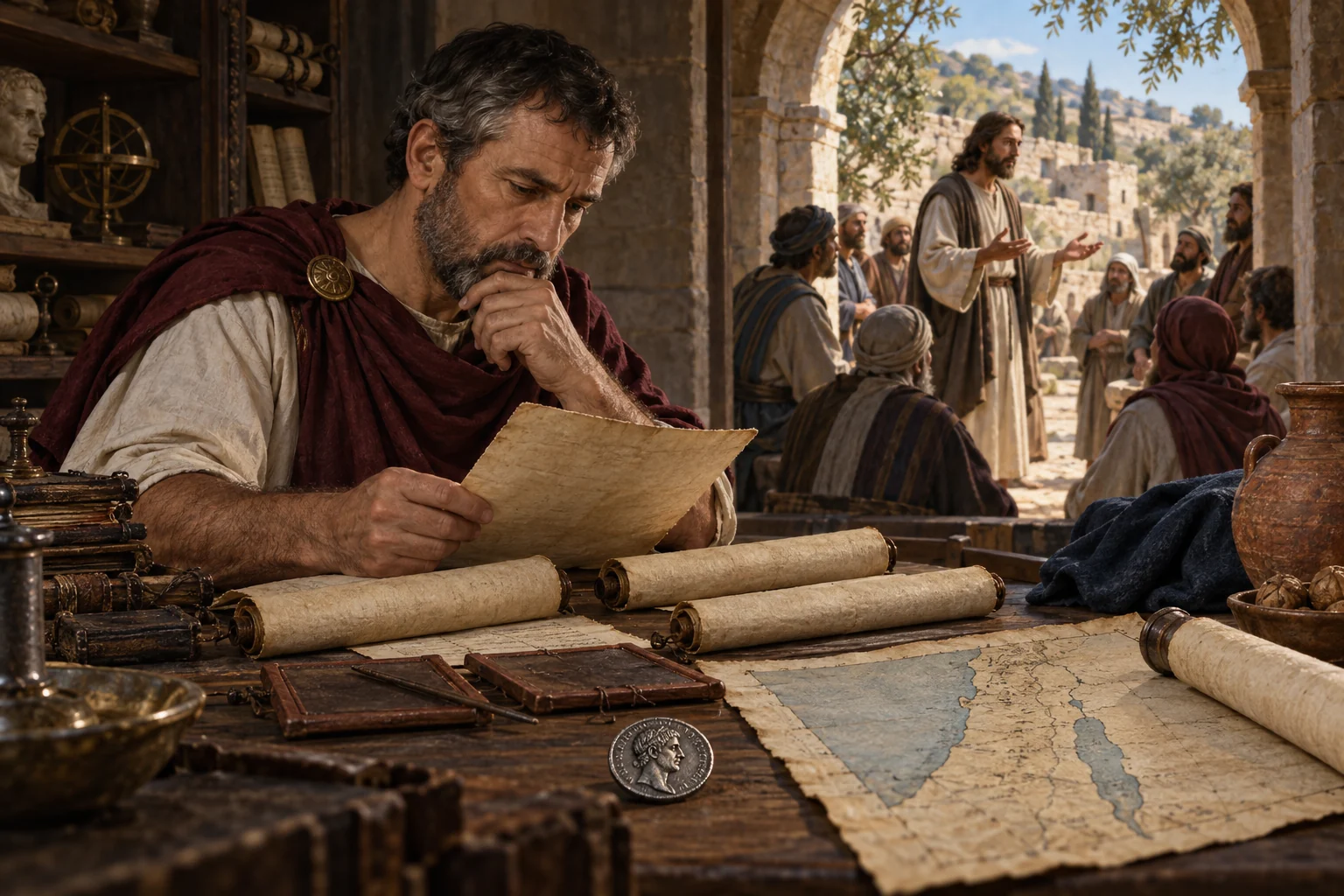 A Roman-period historian examines records, a coin, and a map while Jesus teaches a small crowd beyond an arch.