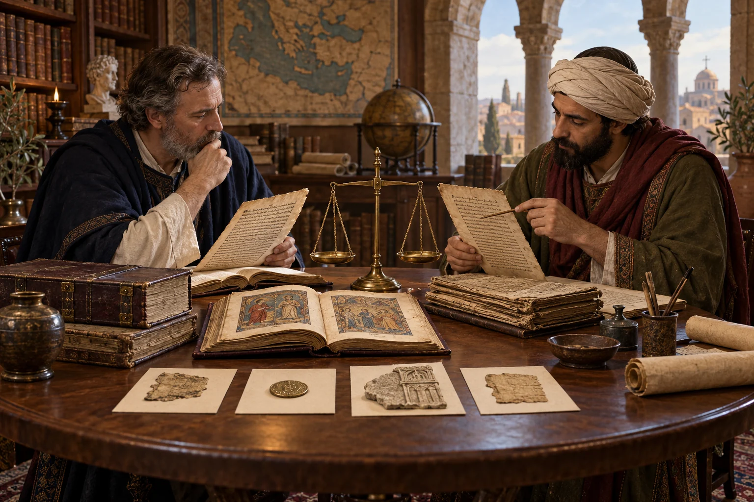 Two scholars compare manuscript folios, a codex, artifacts, and balanced scales around a library table.
