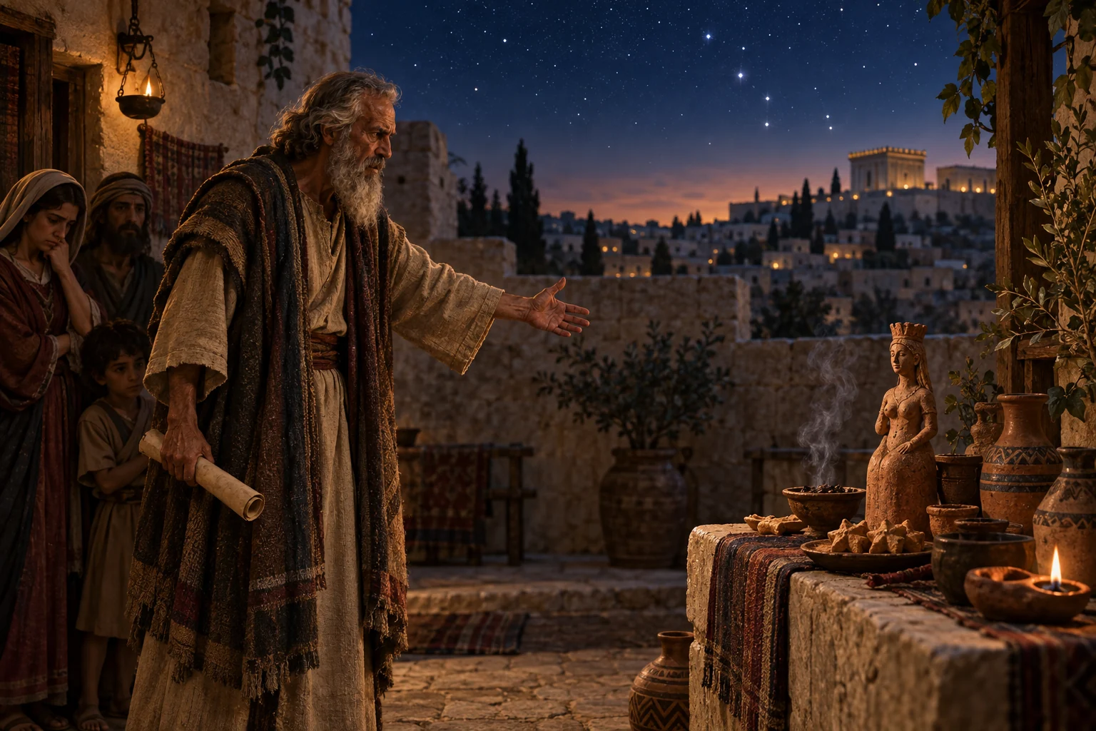 Jeremiah confronts a household altar with a clay goddess figurine, incense, and star-shaped cakes beneath the Jerusalem night sky.
