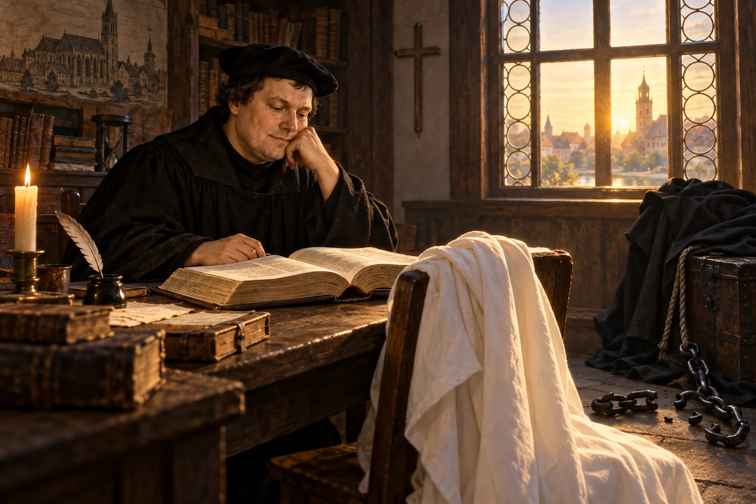 Martin Luther studies an open Bible beside a white garment, a discarded black cloak, and broken chains in a Wittenberg room.