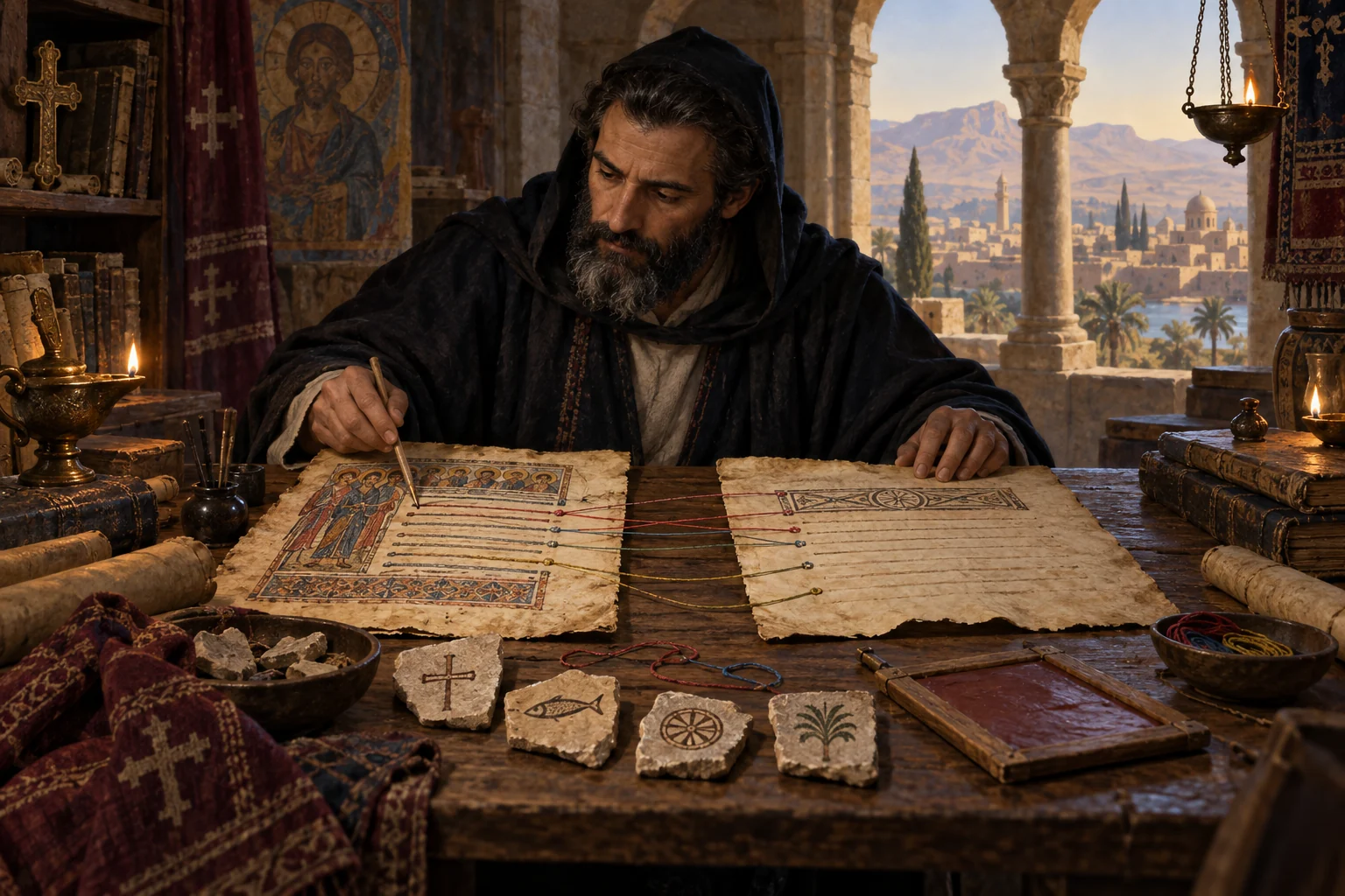 A late-antique philologist compares Syriac Christian and early Arabic folios joined by colored threads in a monastery archive.