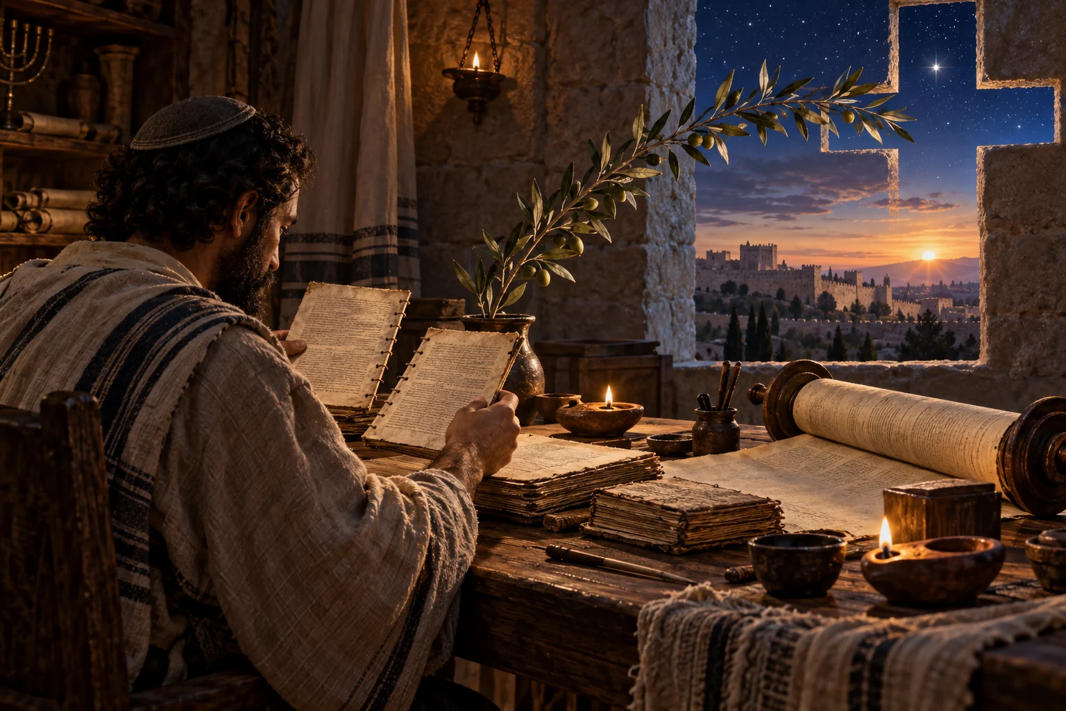 An apostolic scribe studies scrolls and codices beside an olive branch and a cross-shaped window opening onto Jerusalem at dawn.