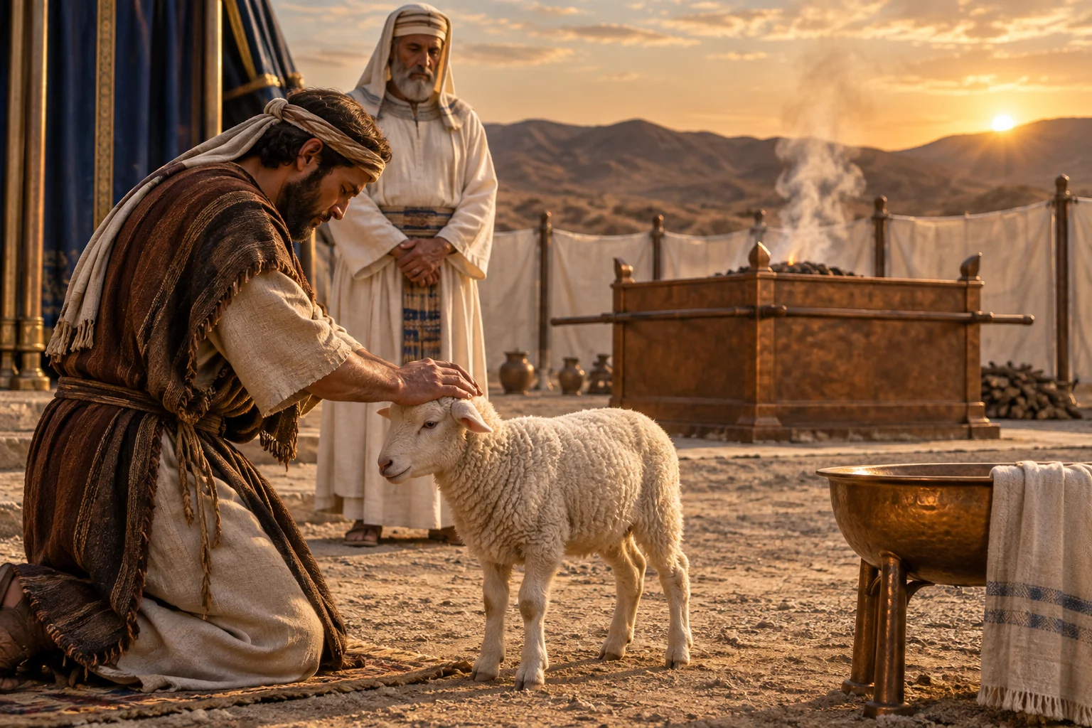 An Israelite worshiper lays both hands on a lamb before a priest and bronze altar in the tabernacle courtyard.