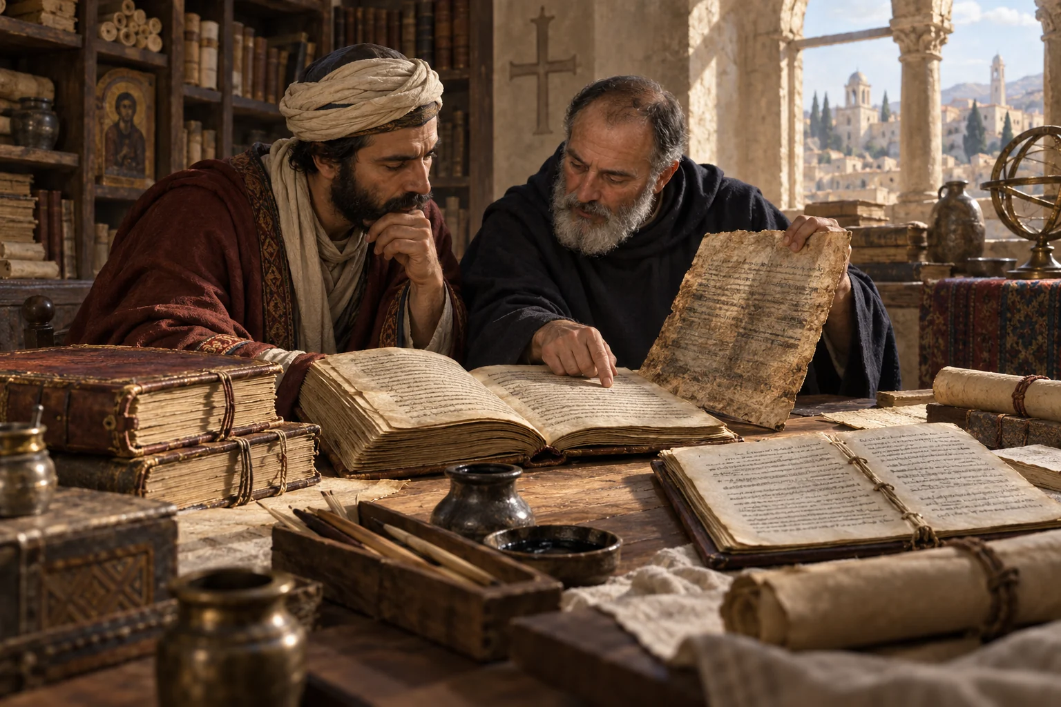Two late-antique scholars compare layered manuscript folios and a palimpsest in a sunlit archive filled with codices and writing tools.