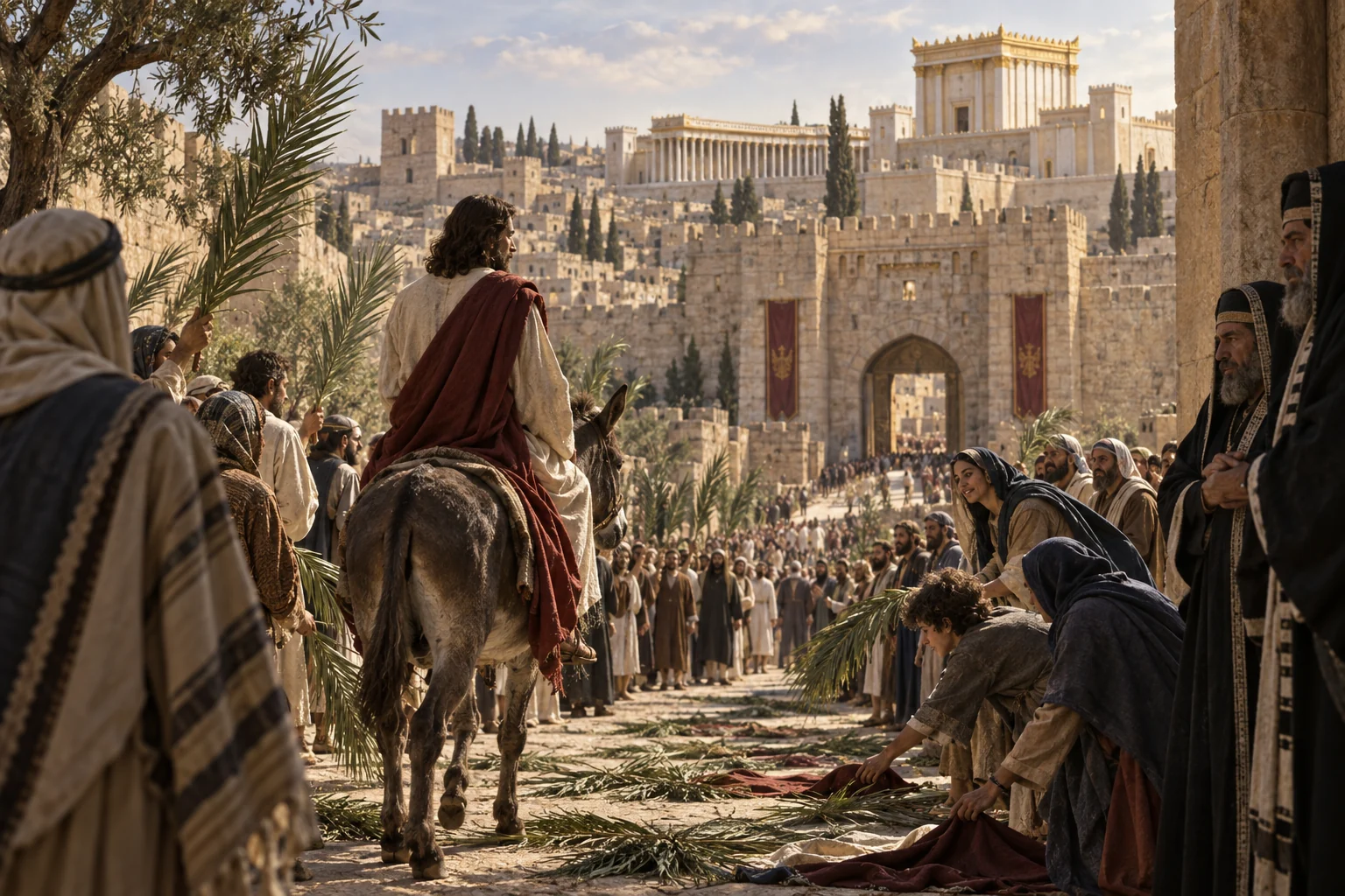 Jesus enters Jerusalem on a donkey as a crowd lays branches before the city and temple