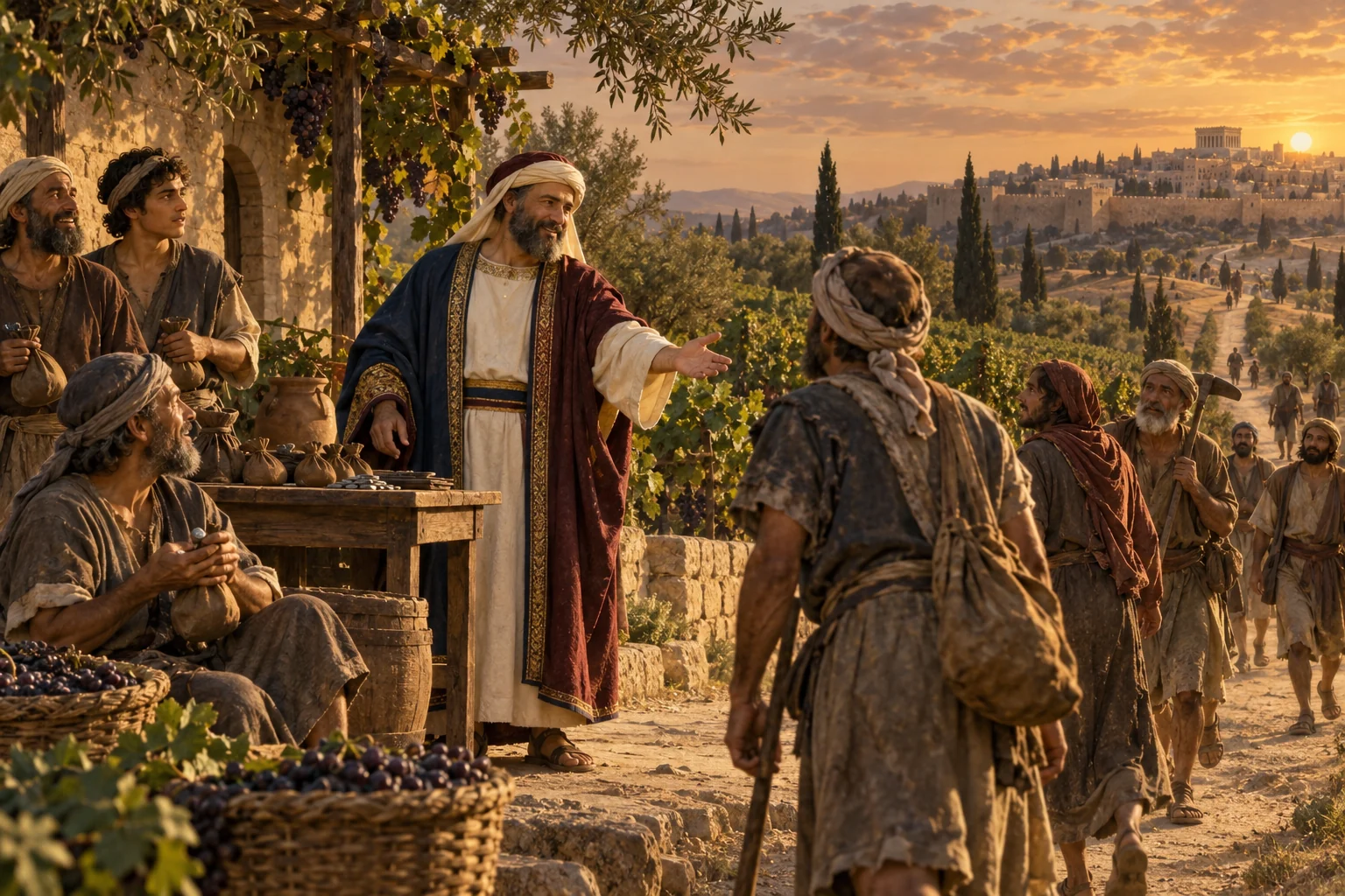 A vineyard owner welcomes laborers at different hours on the road toward Jerusalem