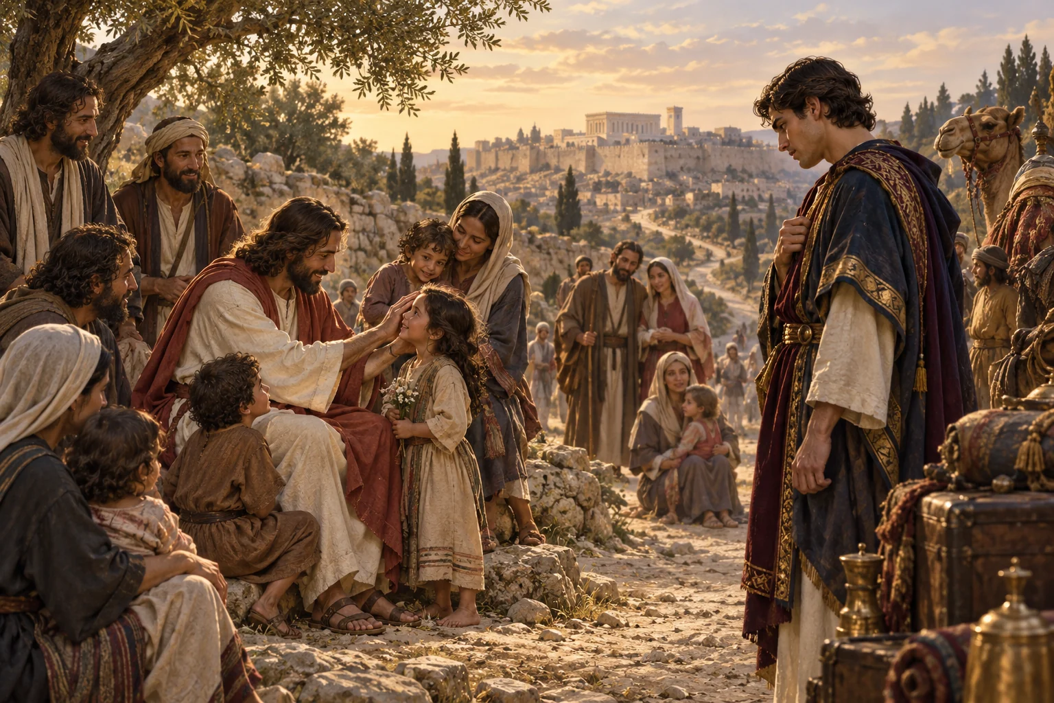 Jesus welcomes children on the road to Jerusalem while a wealthy young man pauses beside his possessions