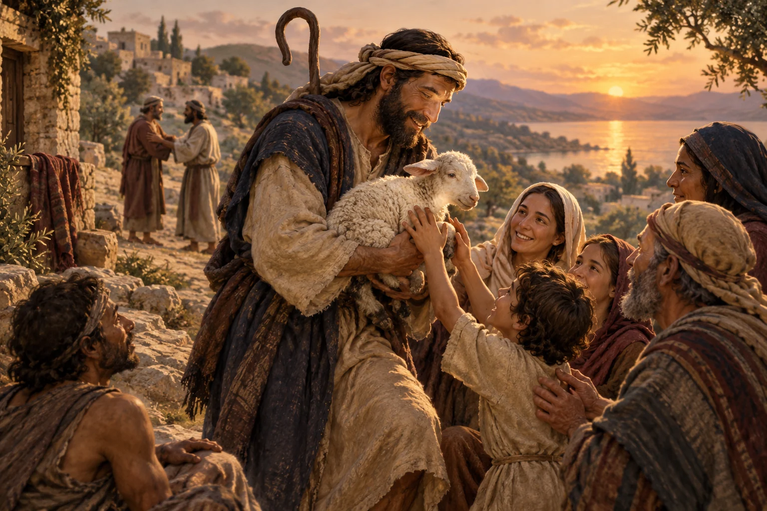A shepherd returns a lamb to a gathered community as children welcome it and two adults reconcile