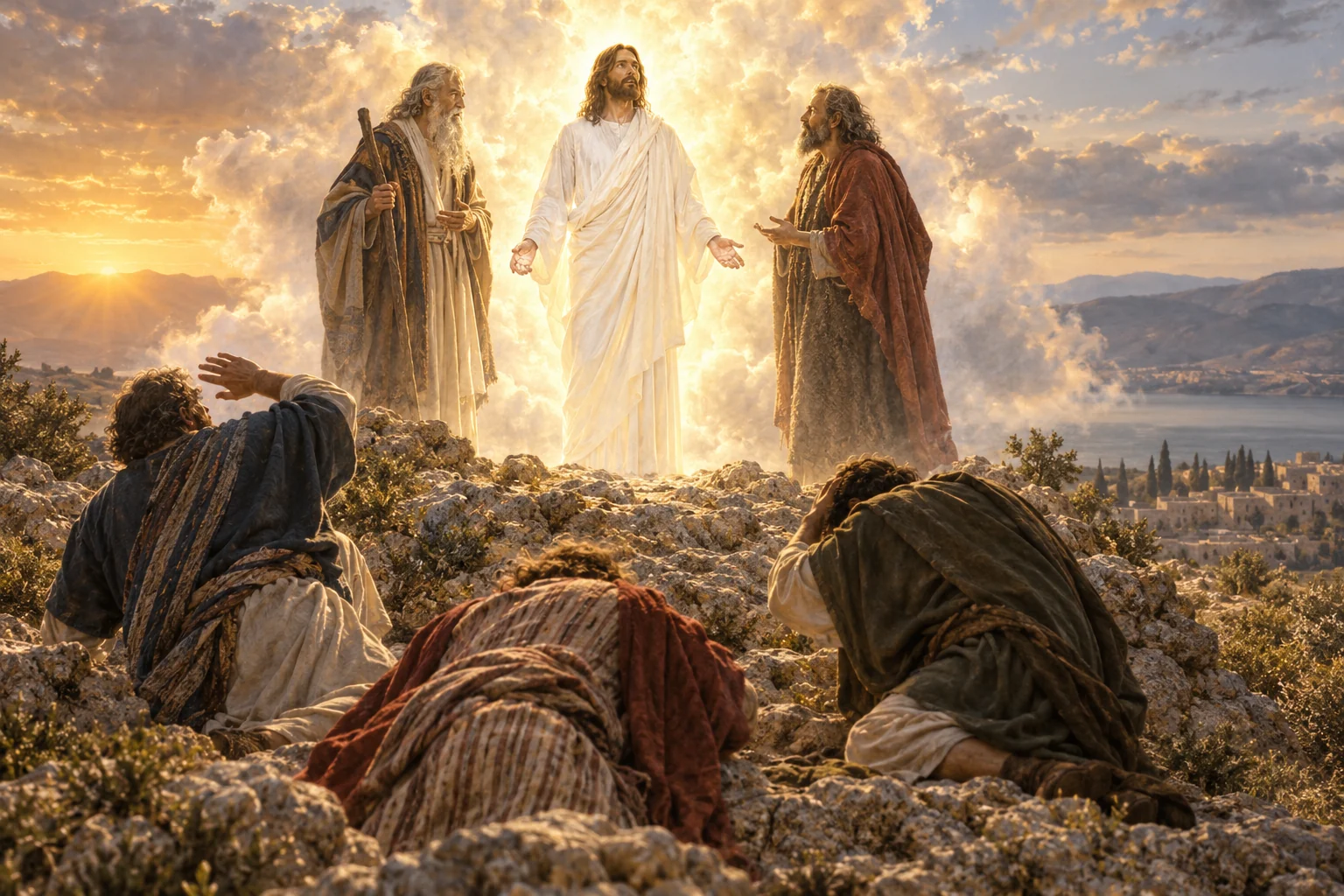 Jesus is transfigured in radiant light beside Moses and Elijah as three disciples bow on a Galilean mountain.