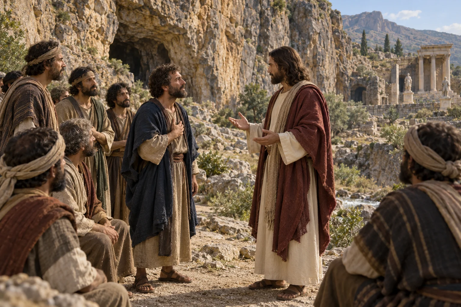 Jesus addresses Peter and the disciples before the rocky cliff and grotto at Caesarea Philippi.