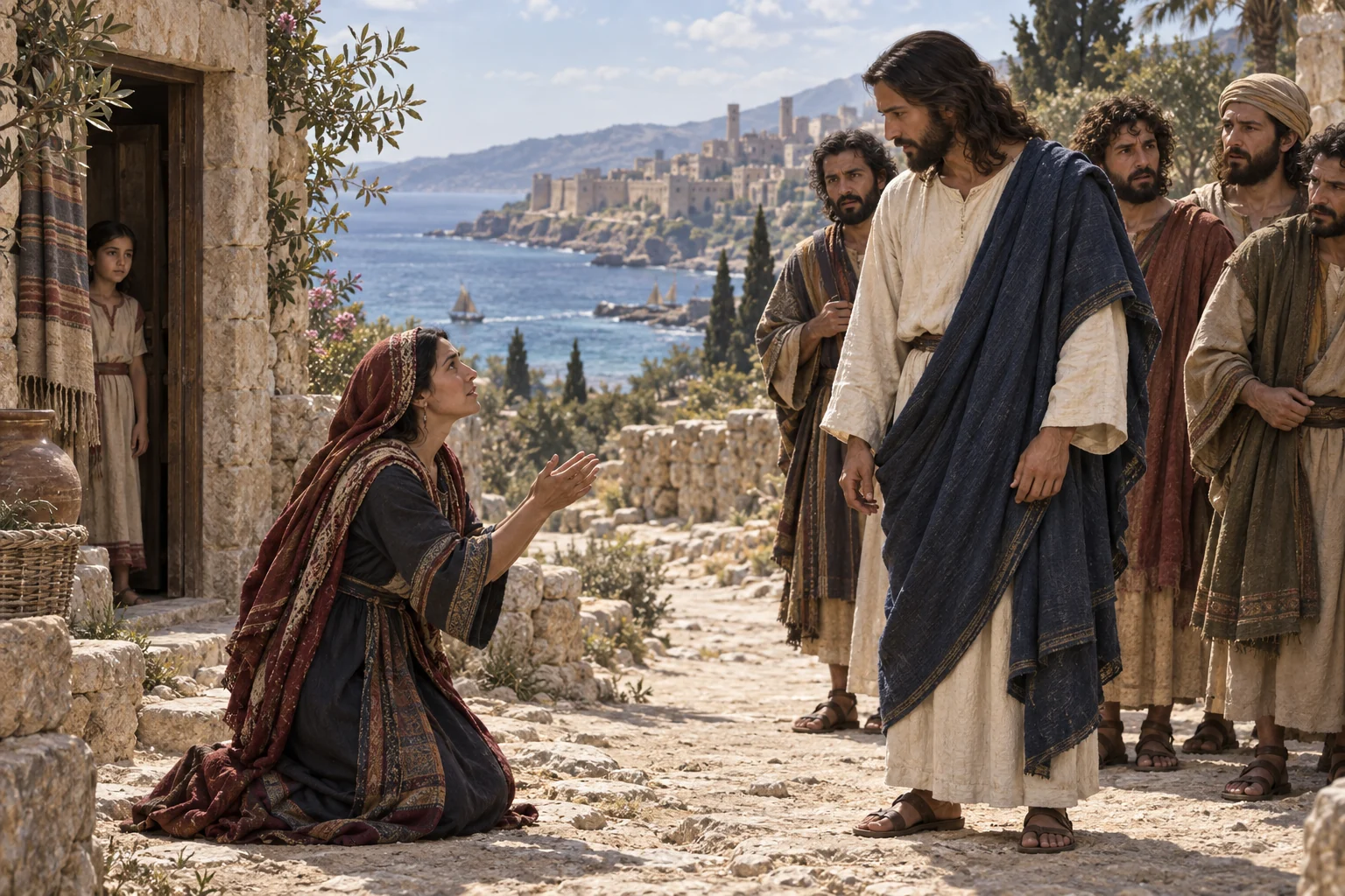 A Canaanite mother appeals to Jesus on a coastal road while the disciples watch and her daughter stands nearby.