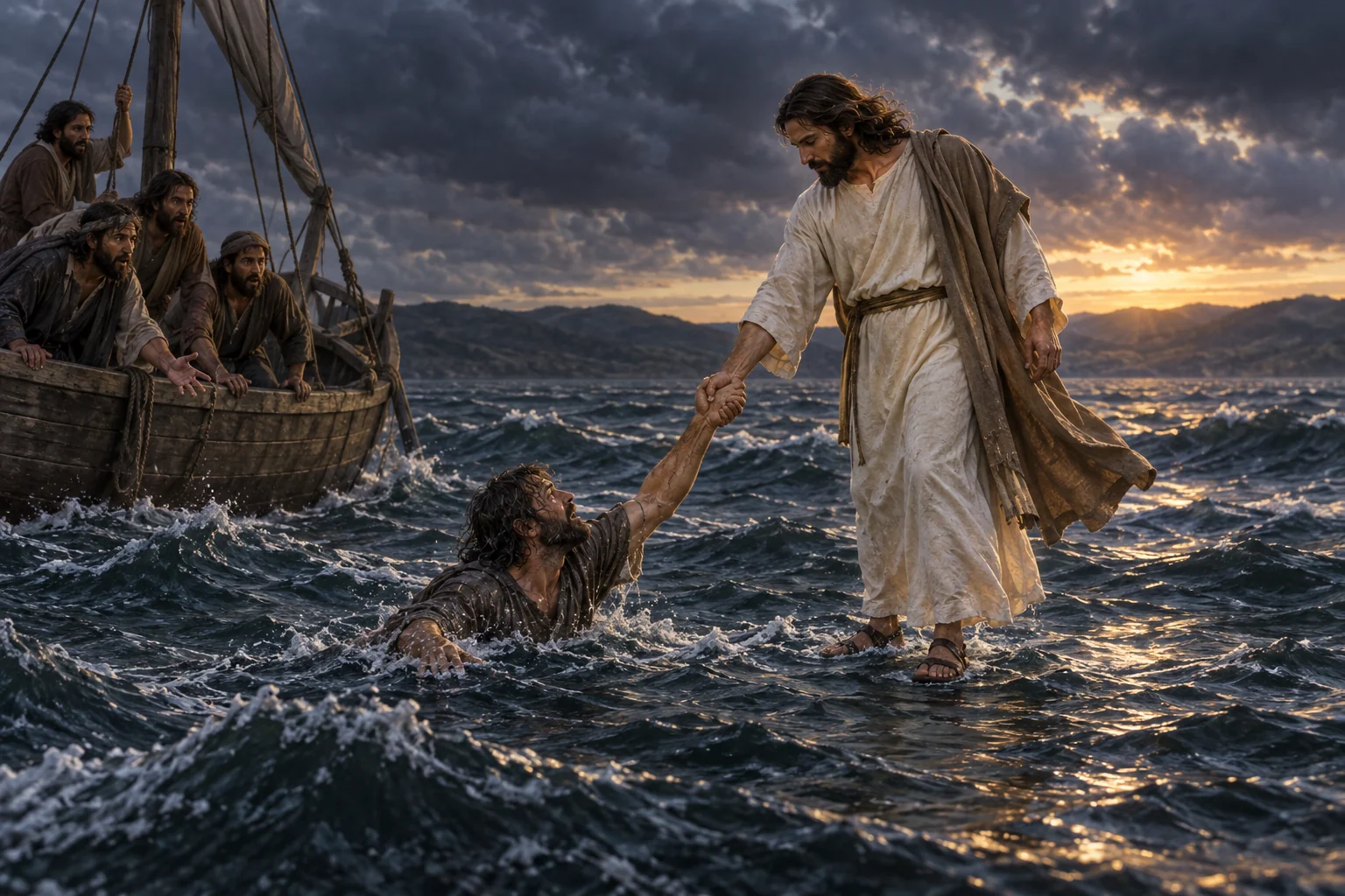 Jesus stands on the stormy Sea of Galilee and pulls the sinking Peter toward a wooden boat at dawn.
