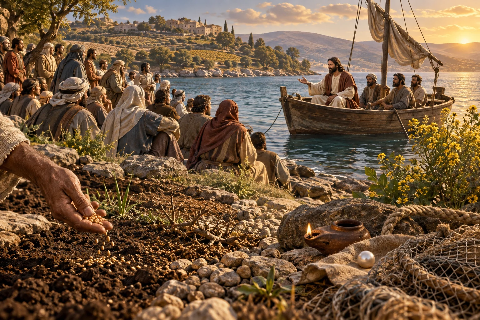 Jesus teaches a shoreline crowd from a fishing boat while seed, a lamp, a pearl, and a net evoke kingdom parables.