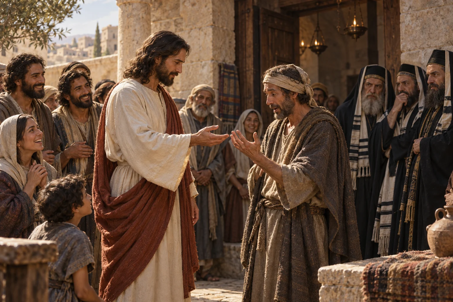 Jesus restores a man’s hand before hopeful villagers and watchful religious leaders in a first-century synagogue courtyard.