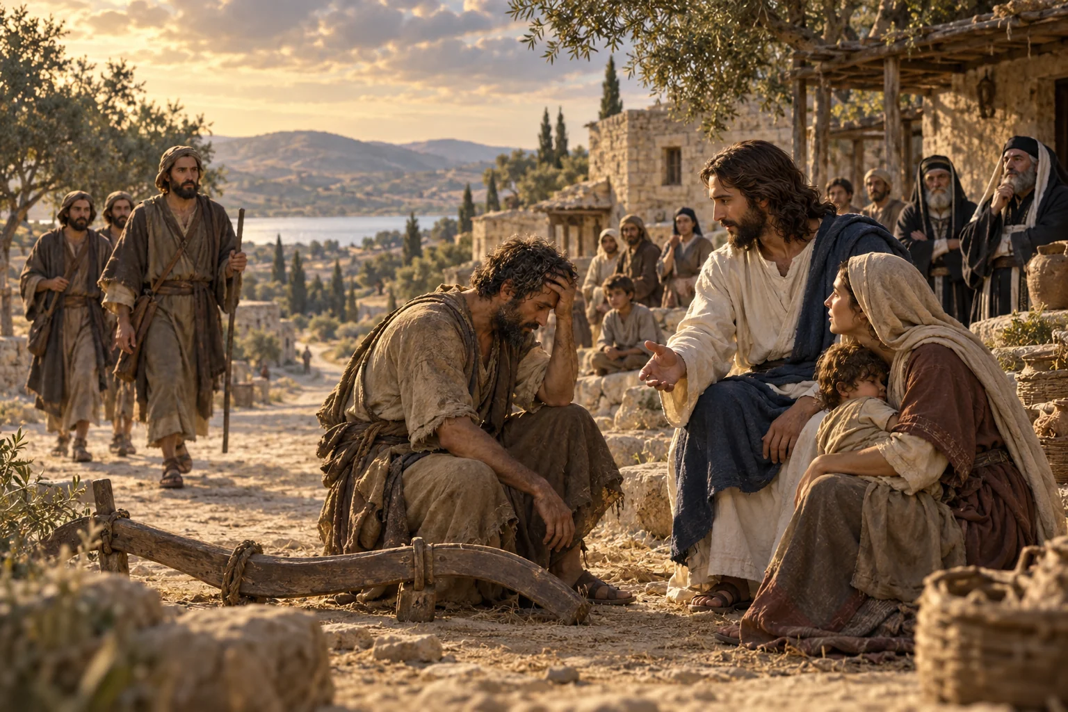 Jesus welcomes a weary family and laborer beside a laid-down yoke as messengers approach along a Galilean road.