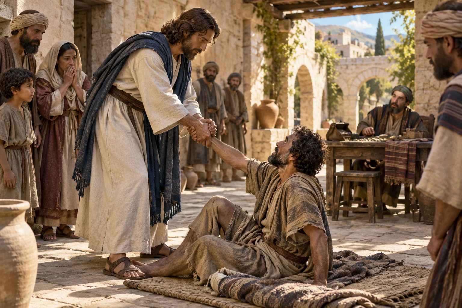 Jesus helps a formerly paralyzed man rise from his mat as family and neighbors watch in a Galilean courtyard.