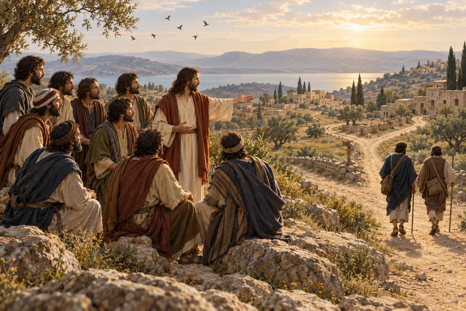 Jesus commissions twelve disciples on a Galilean hillside as one pair departs toward nearby villages beneath flying sparrows.