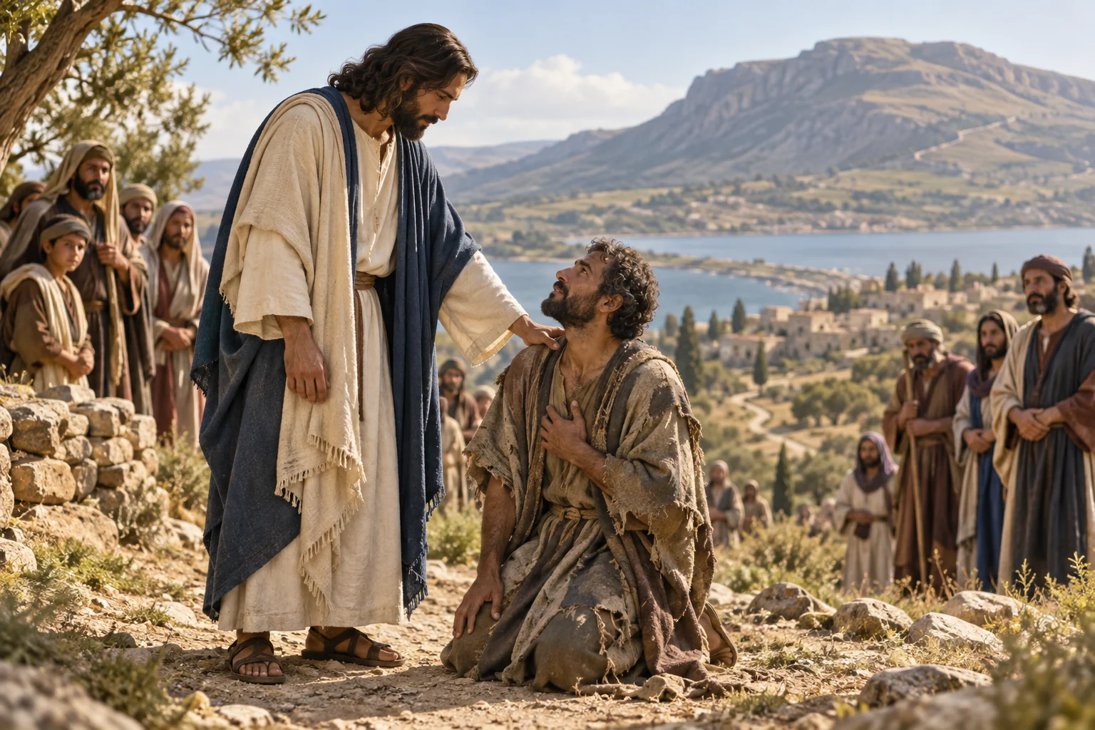 Jesus rests a compassionate hand on a kneeling man as a Galilean crowd watches from a respectful distance.