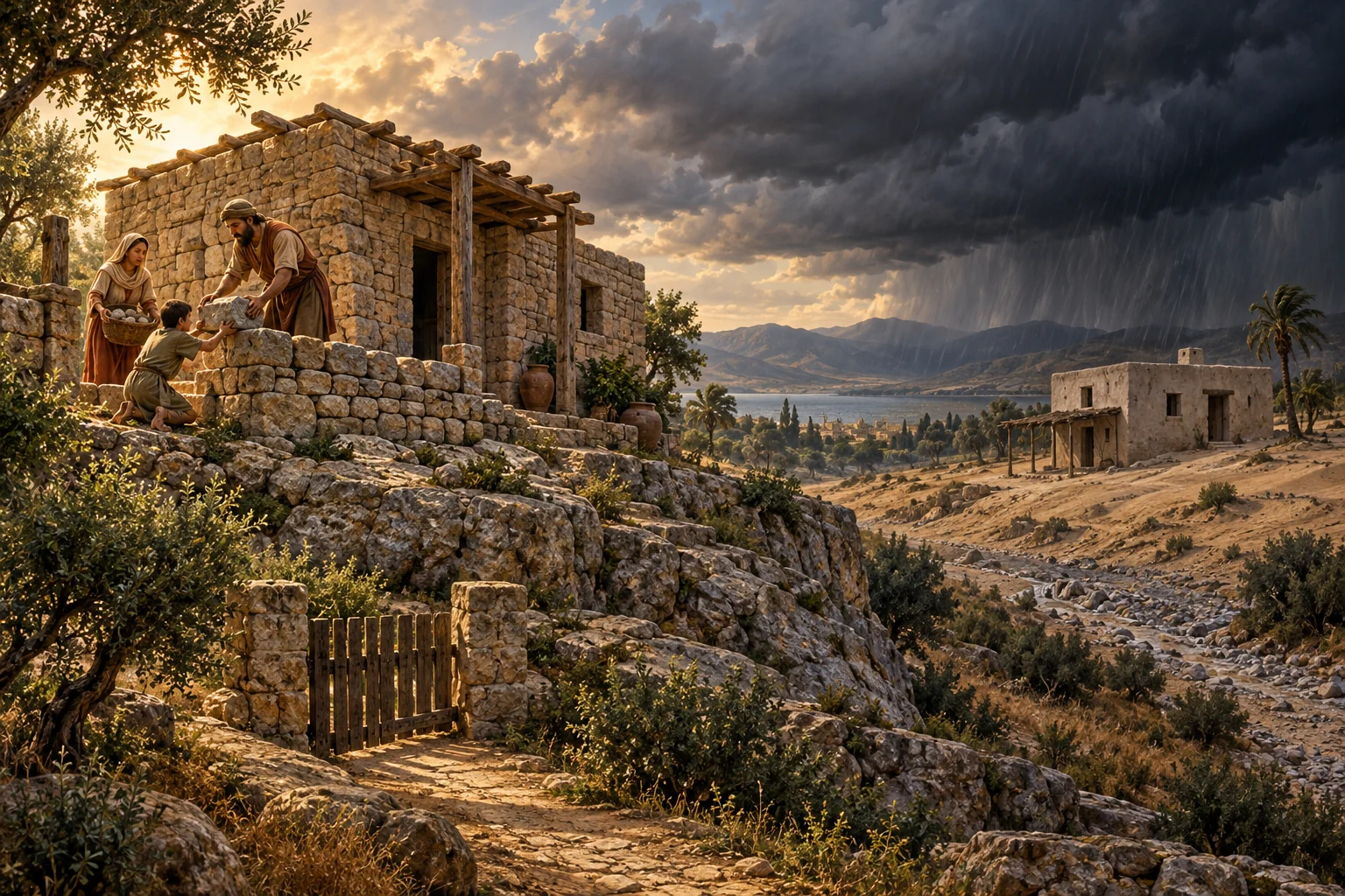 A family builds a stone house into bedrock while a storm approaches a second house standing on loose sand.