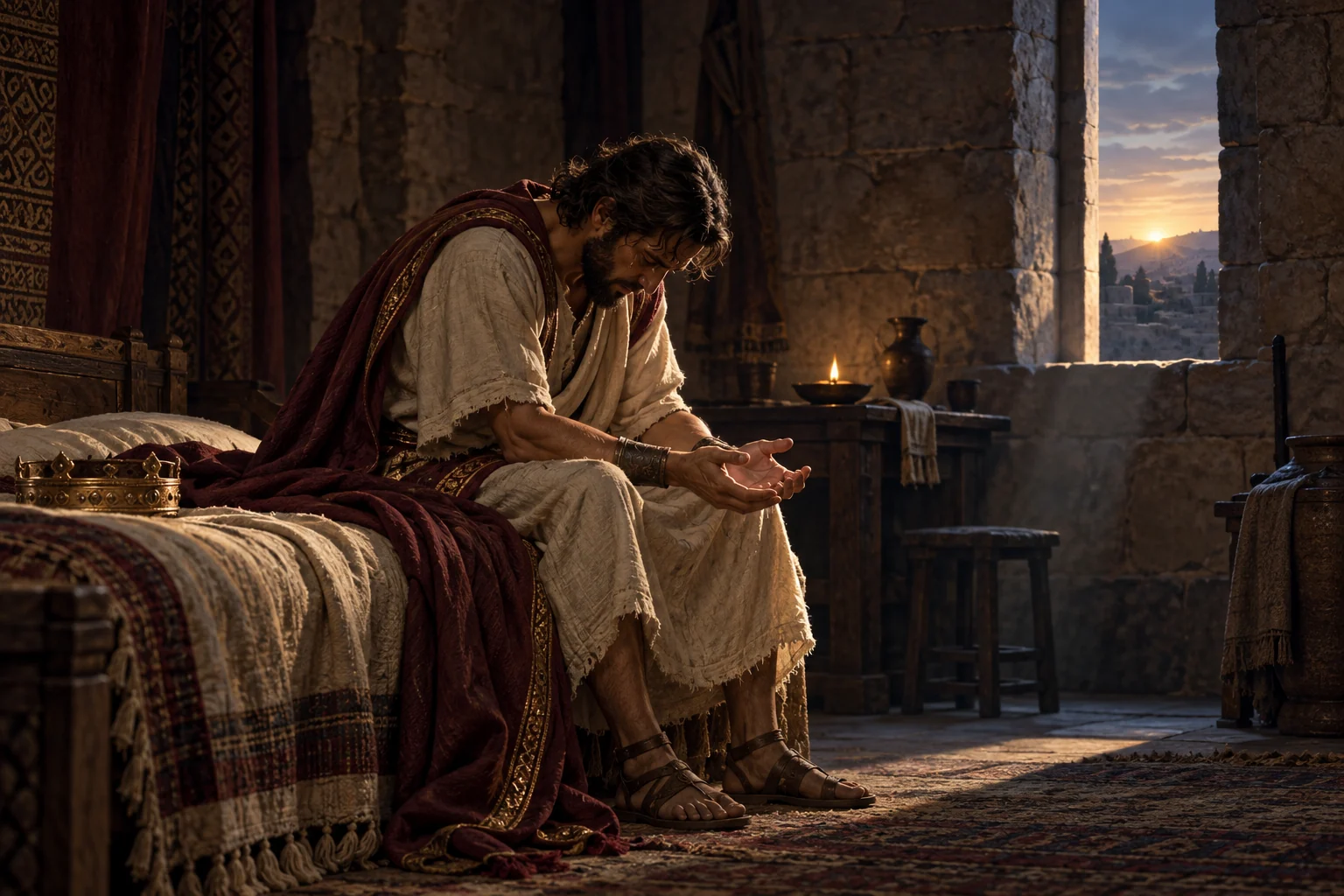 David sits beside a low bed at dawn with his crown set aside and his hands open in exhausted prayer.