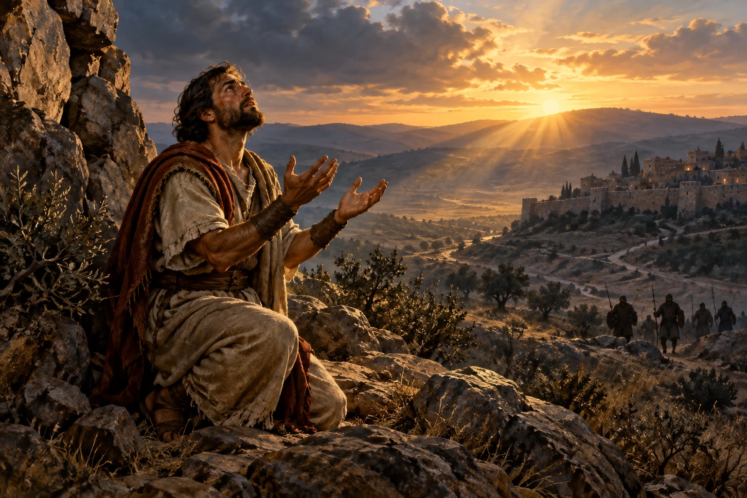 A solitary psalmist appeals from a rocky Judean refuge as armed pursuers approach beneath a breaking dawn.