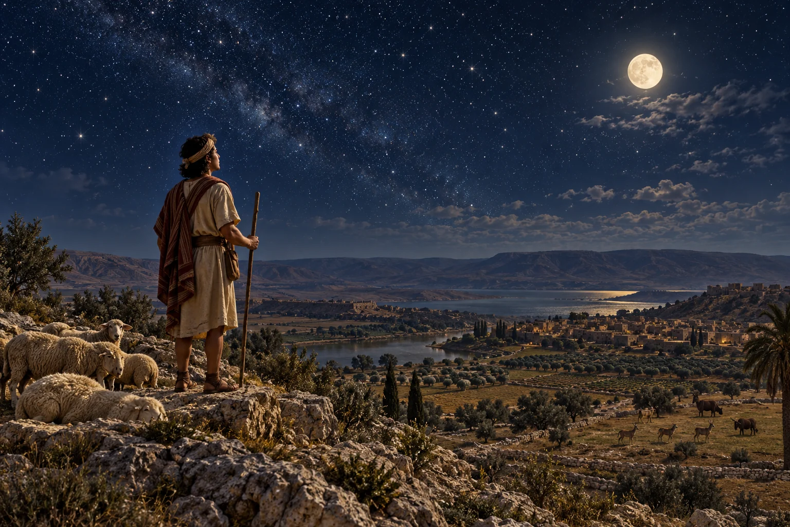 A young Israelite shepherd gazes at the moon and stars above fields, sheep, and animals in an ancient landscape.