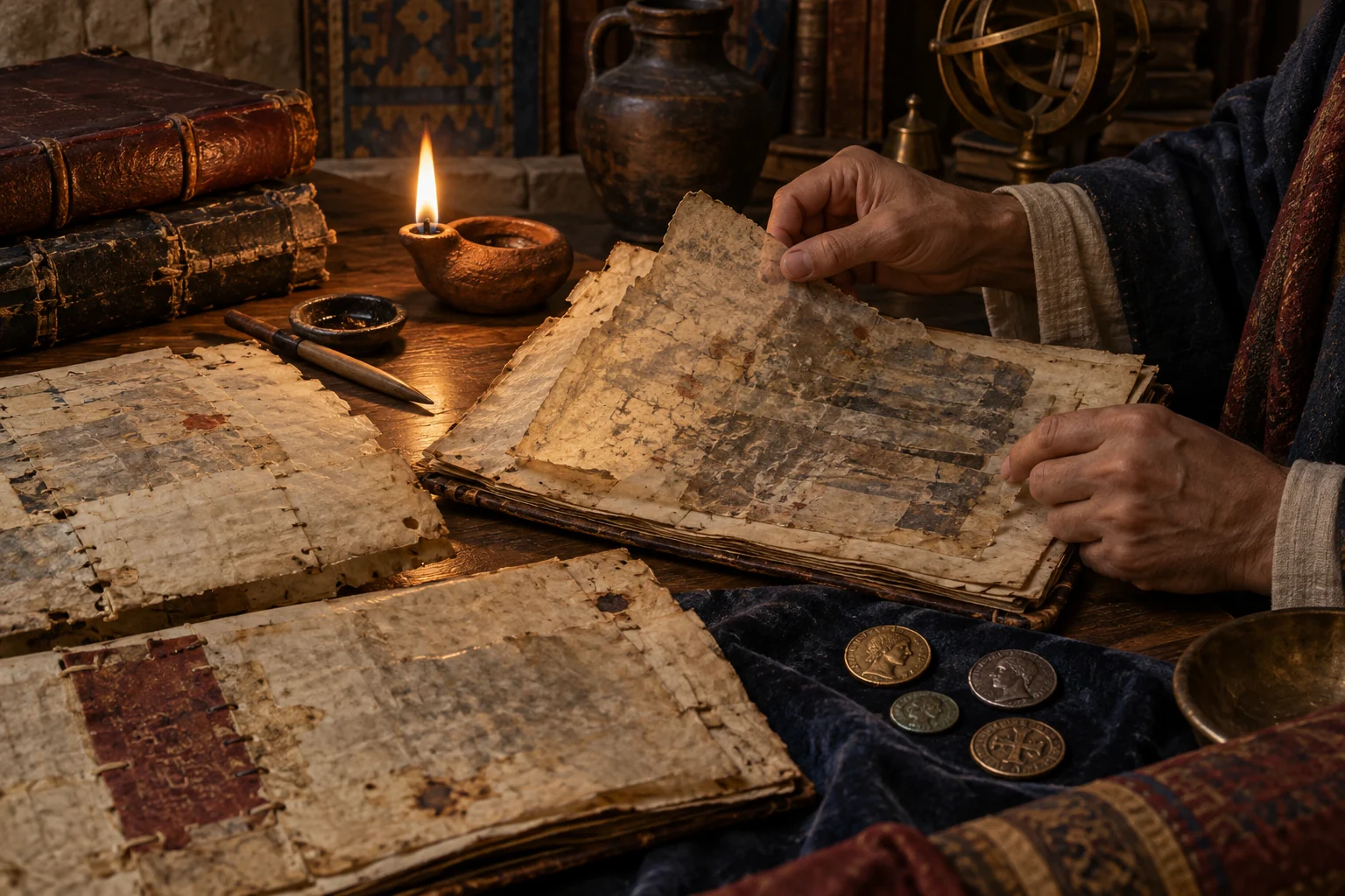 A scholar compares layered late-antique manuscript leaves, ink variations, and historical coins by lamplight