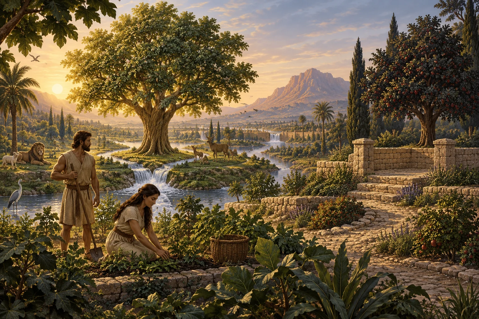 Adam and Eve tend a rivered garden between two distinct trees, with animals, tools, and a stone boundary marking sacred vocation.