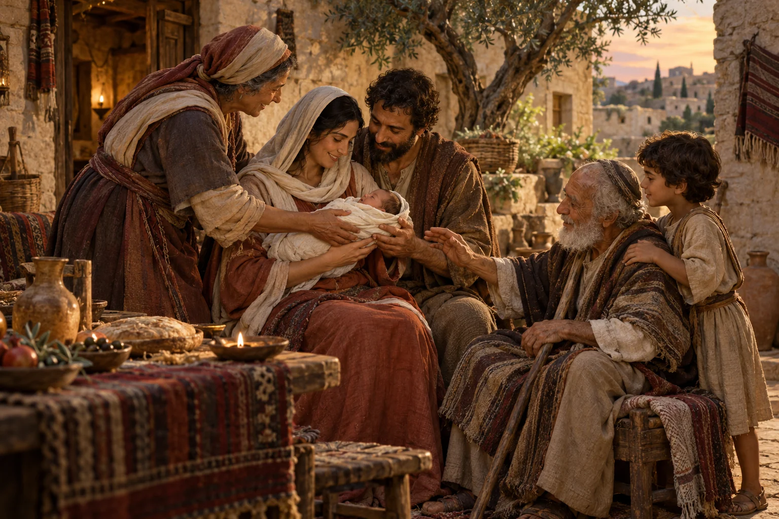 A multigenerational Judean family welcomes a newborn as an elderly relative and child join the circle of care.