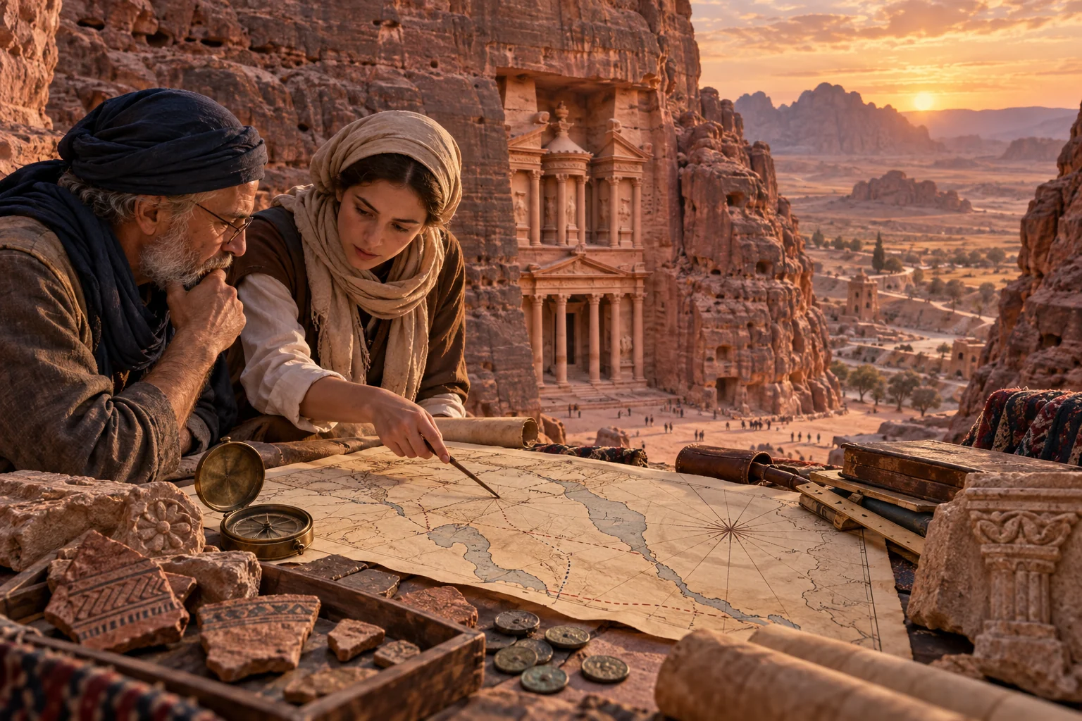 Two scholars compare a regional map, compass, pottery fragments, and coins above Petra’s sandstone monuments at sunset.