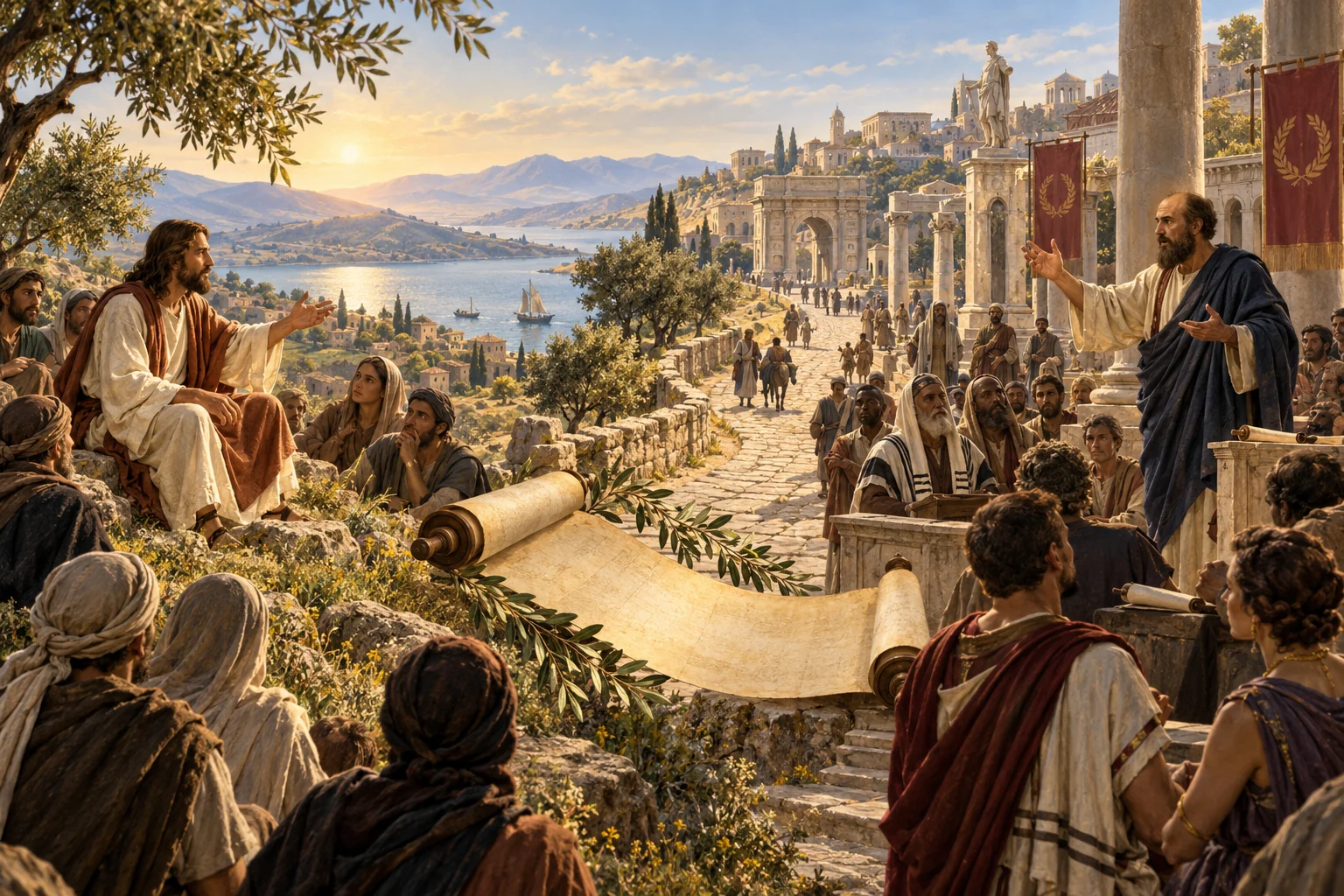 Jesus teaches in Galilee while Paul addresses a diverse city audience, joined by one road, scroll, and olive branches.