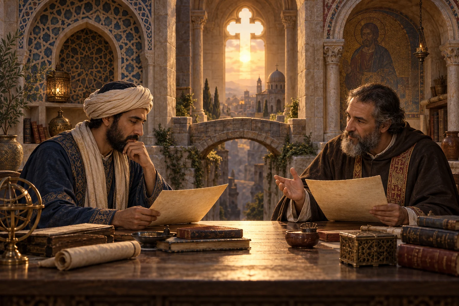 Christian and Muslim scholars compare unlettered manuscripts across a stone bridge within a late antique study.