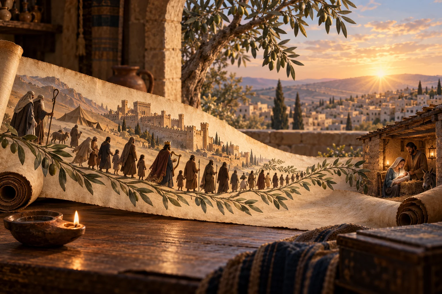 A pictorial genealogy scroll carries generations from Israel’s tents and Jerusalem toward a lamp-lit Judean birth scene.