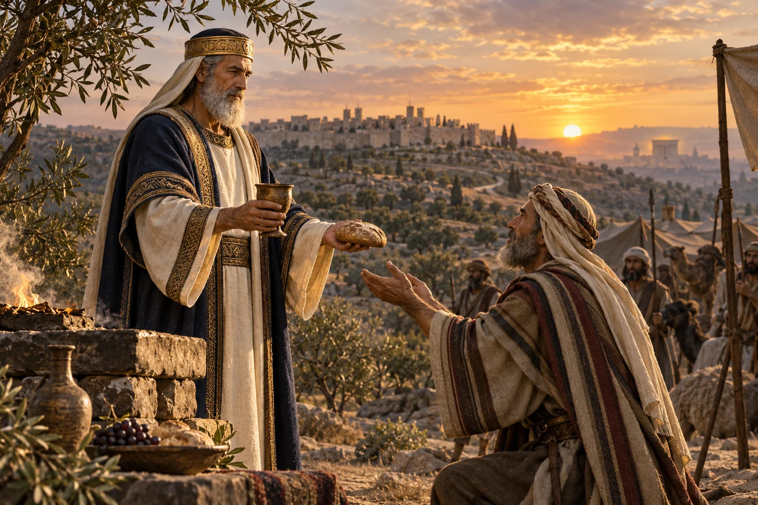 Melchizedek offers bread and wine to Abraham beside an altar outside ancient Salem at sunset.