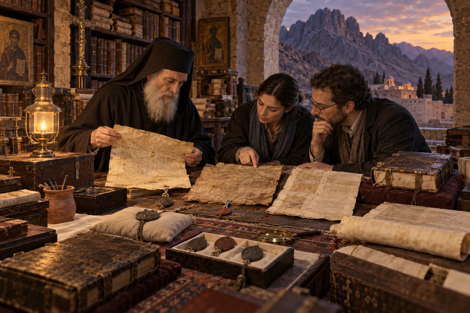 A Sinai monk and two historians compare weathered manuscript witnesses, seals, and bindings in Saint Catherine’s archive.