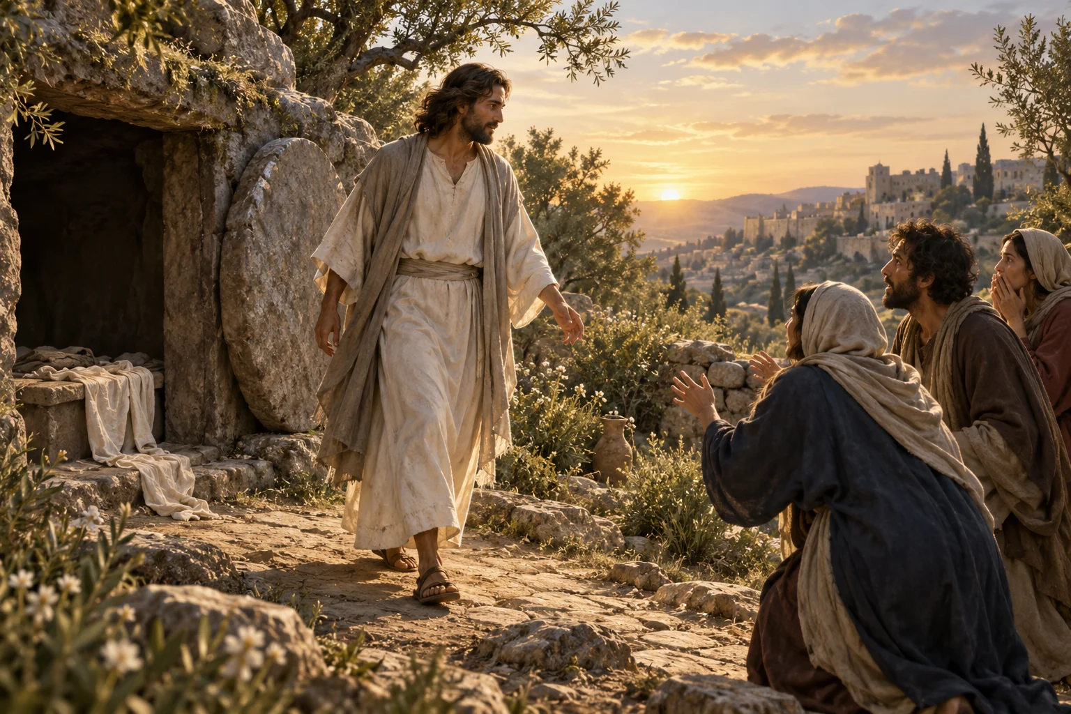 The risen Jesus steps from an open rock-cut tomb at dawn as astonished followers gather in a Judean garden.