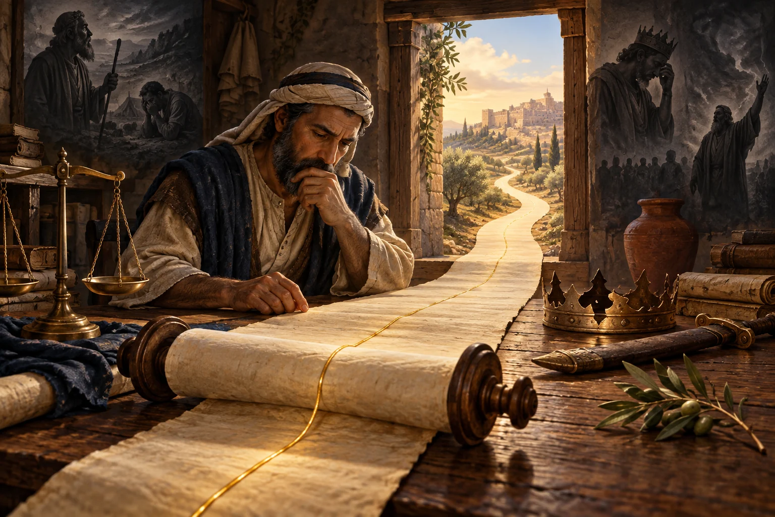 A scribe studies a continuous scroll and golden thread beside scales, a broken crown, a sheathed sword, and olive branches.