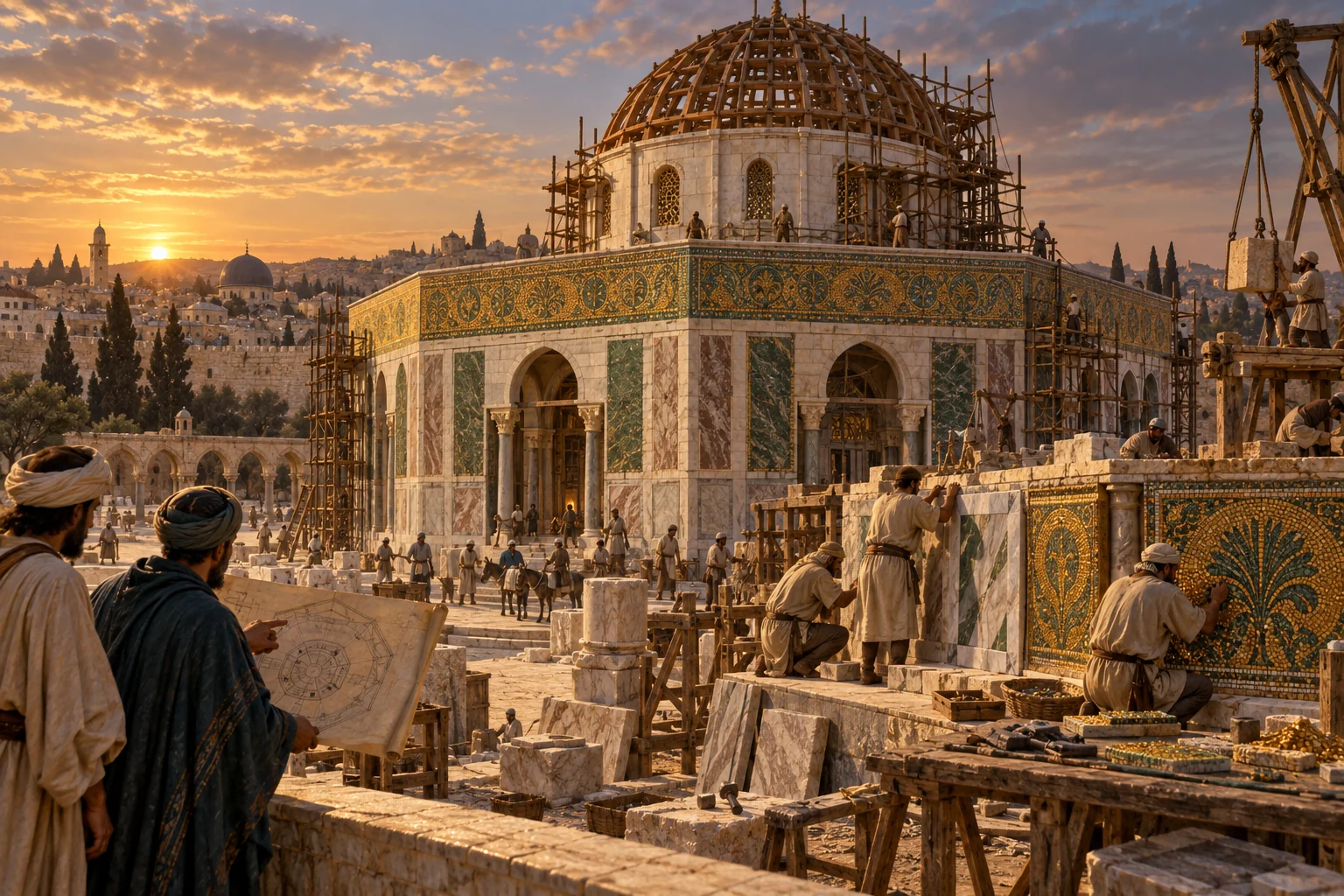 Masons and mosaic artisans construct the octagonal Dome of the Rock while observers examine an architectural plan.