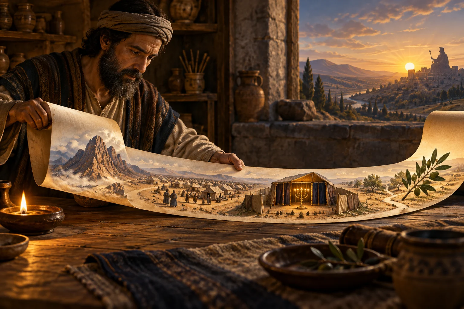 An ancient scribe unrolls a continuous parchment depicting Sinai, Israel’s wilderness camp, the tabernacle, an olive branch, and a distant king.