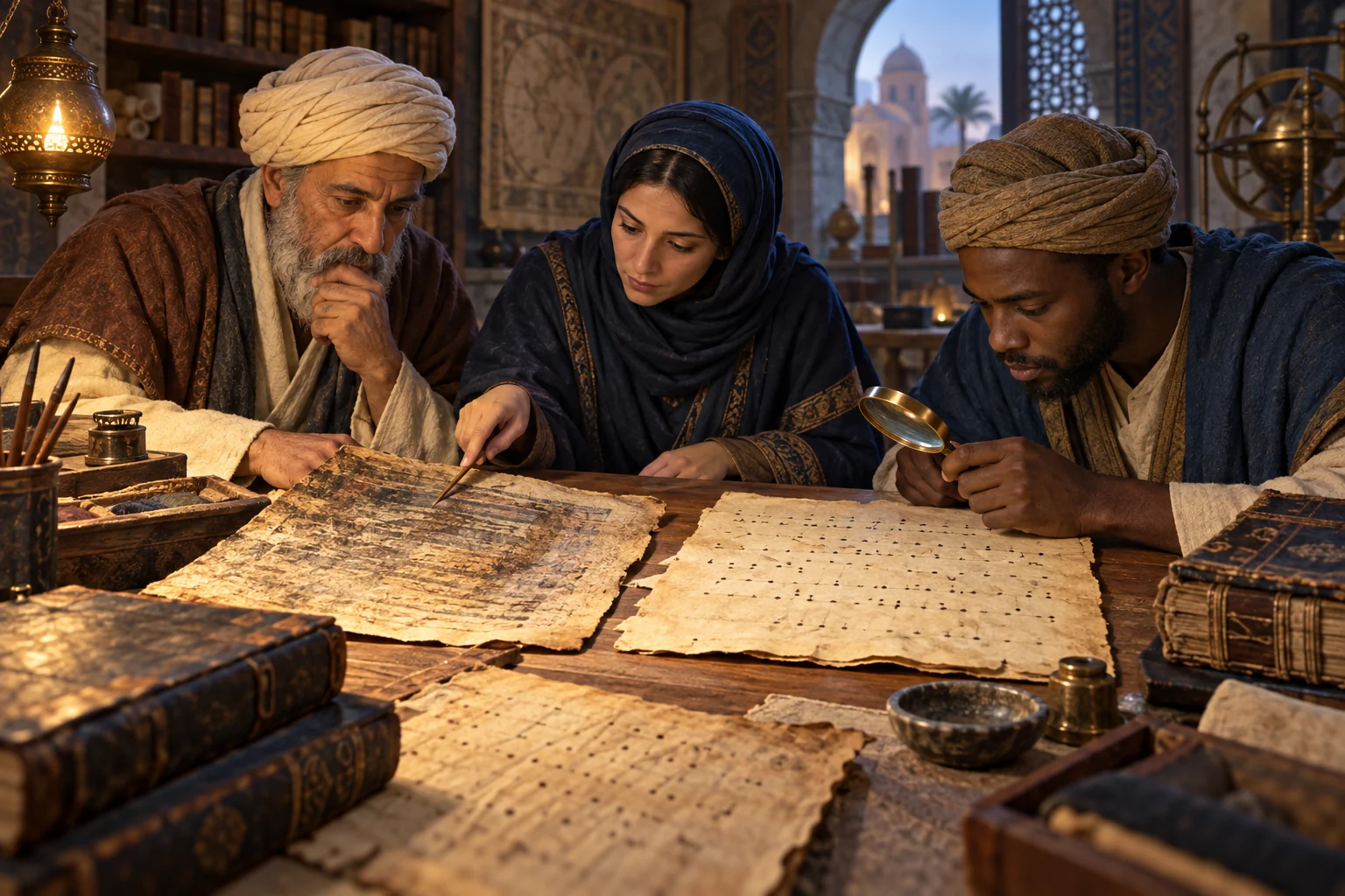 Three scholars compare weathered parchment folios, faint manuscript layers, sparse markings, and bindings under angled lamplight.