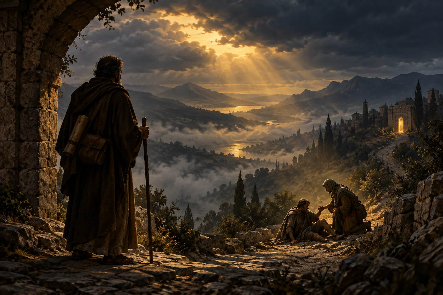A lone pilgrim watches hidden sunlight reach two travelers offering mercy along a mist-filled mountain path.