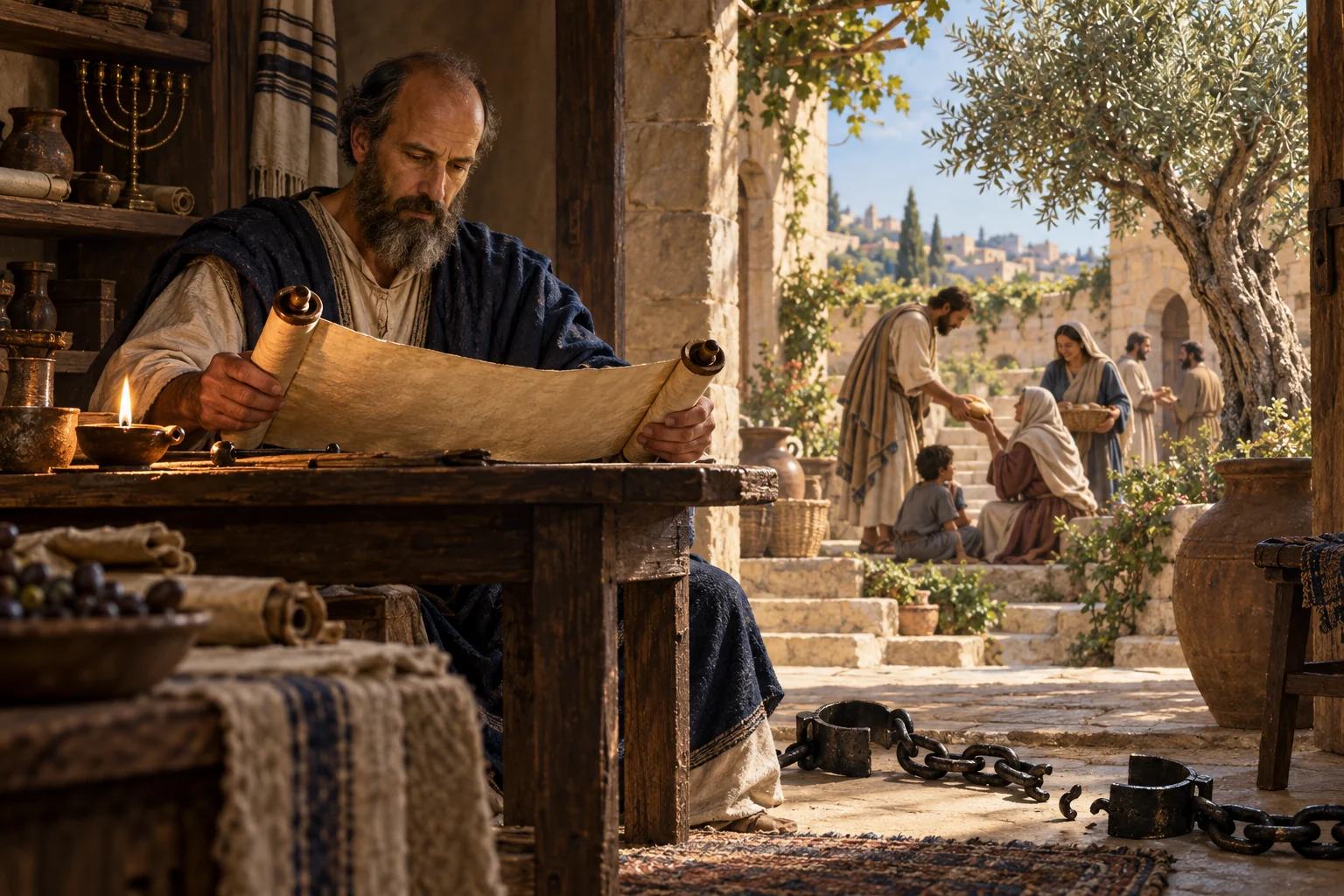 An apostolic teacher studies a parchment beside broken shackles as neighbors practice mercy beneath an olive tree.