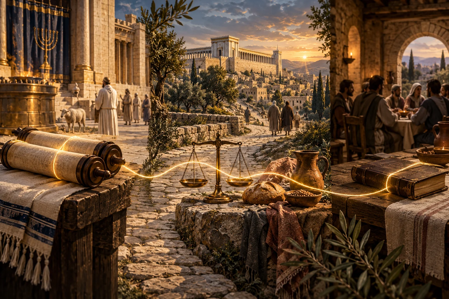 Closed scrolls, scales, bread, and a codex are joined by one golden thread along a continuous Jerusalem path.